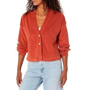 Roxy Womens Terry Cloth‎ V-Neck Cardigan  Terracotta Orange Button Up